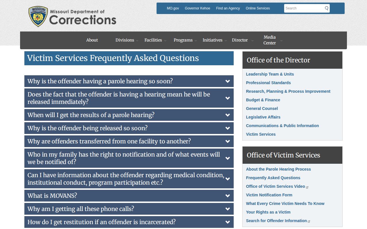 MOVANS notification details for Carroll County parole and probation