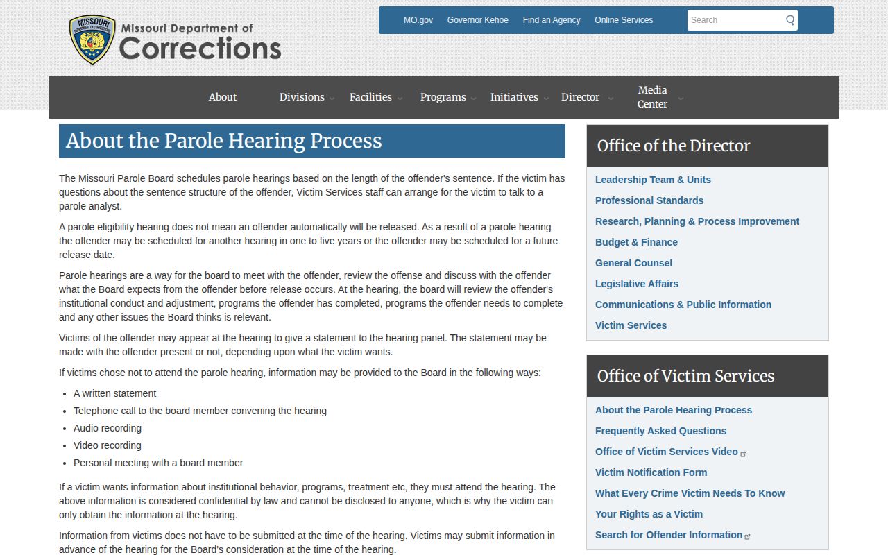 Missouri parole hearing process for Carroll County supervision records